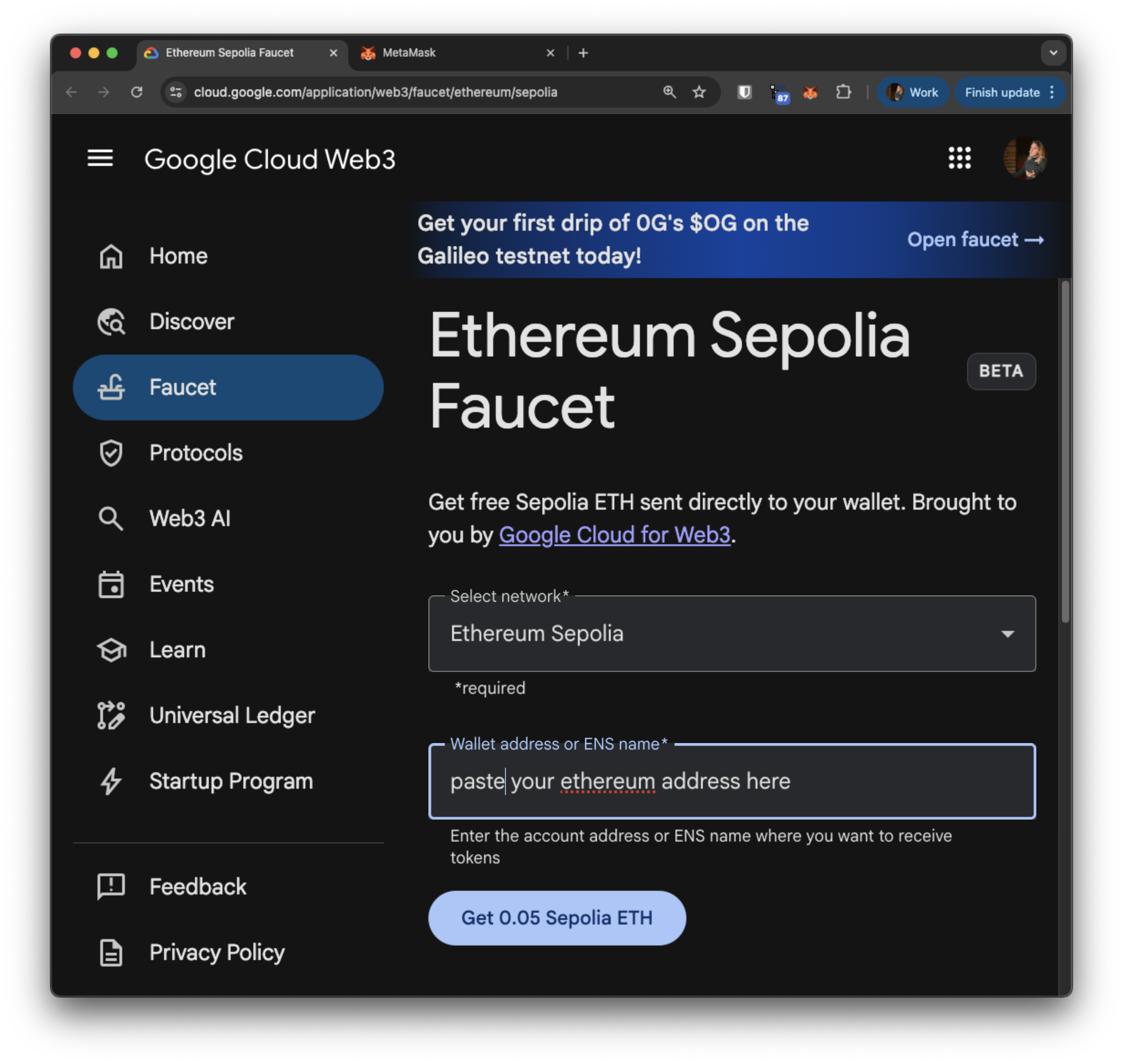 Pasting ETH address into Sepolia faucet