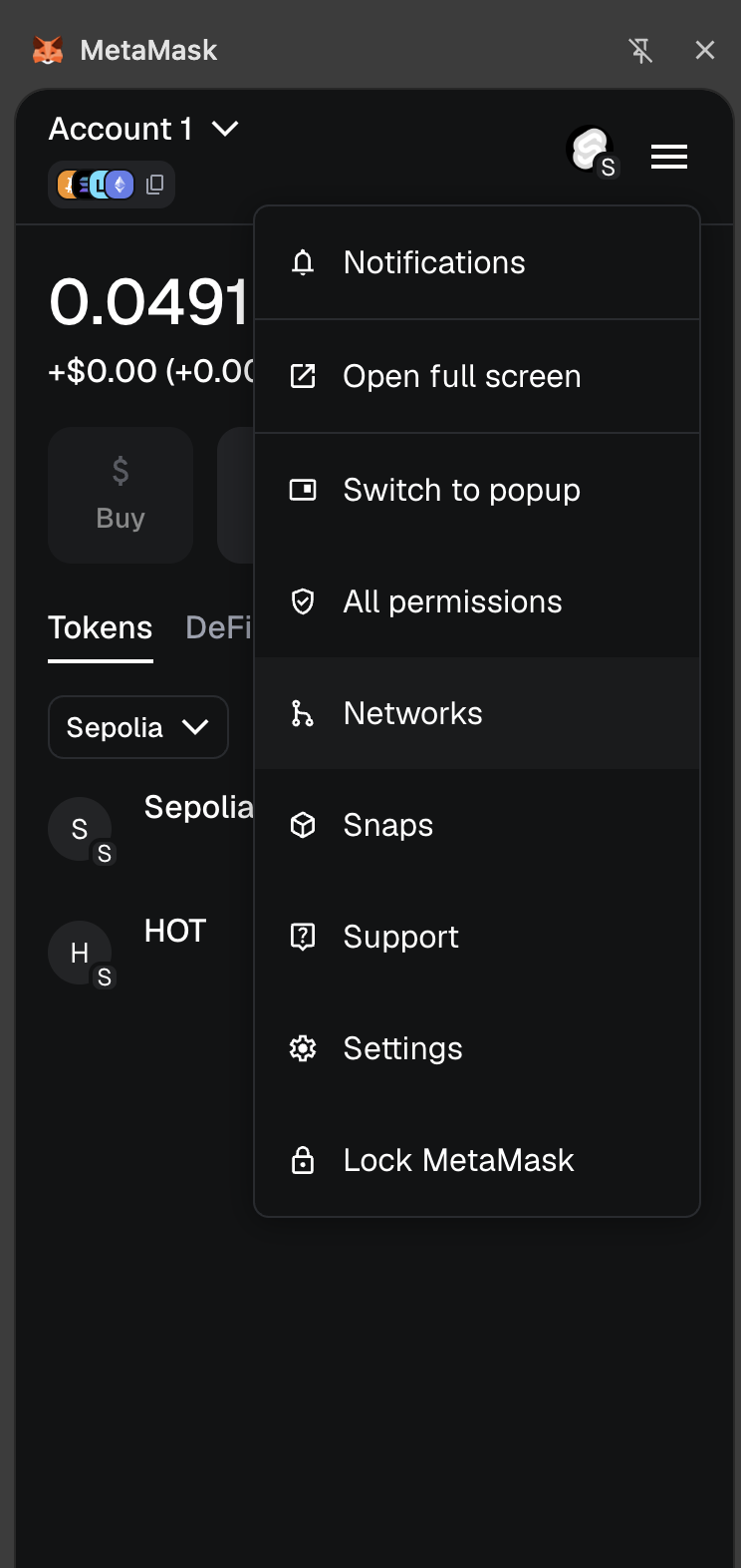 MetaMask network menu