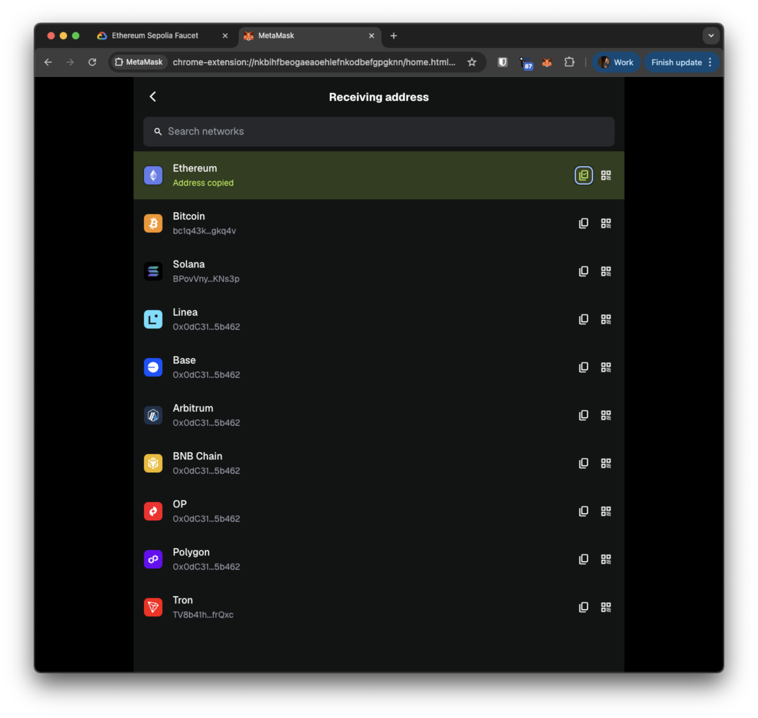 MetaMask address copied