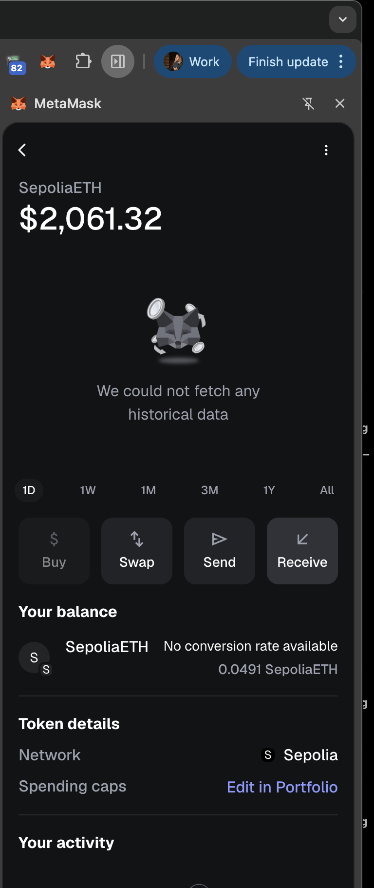 MetaMask showing Sepolia ETH balance
