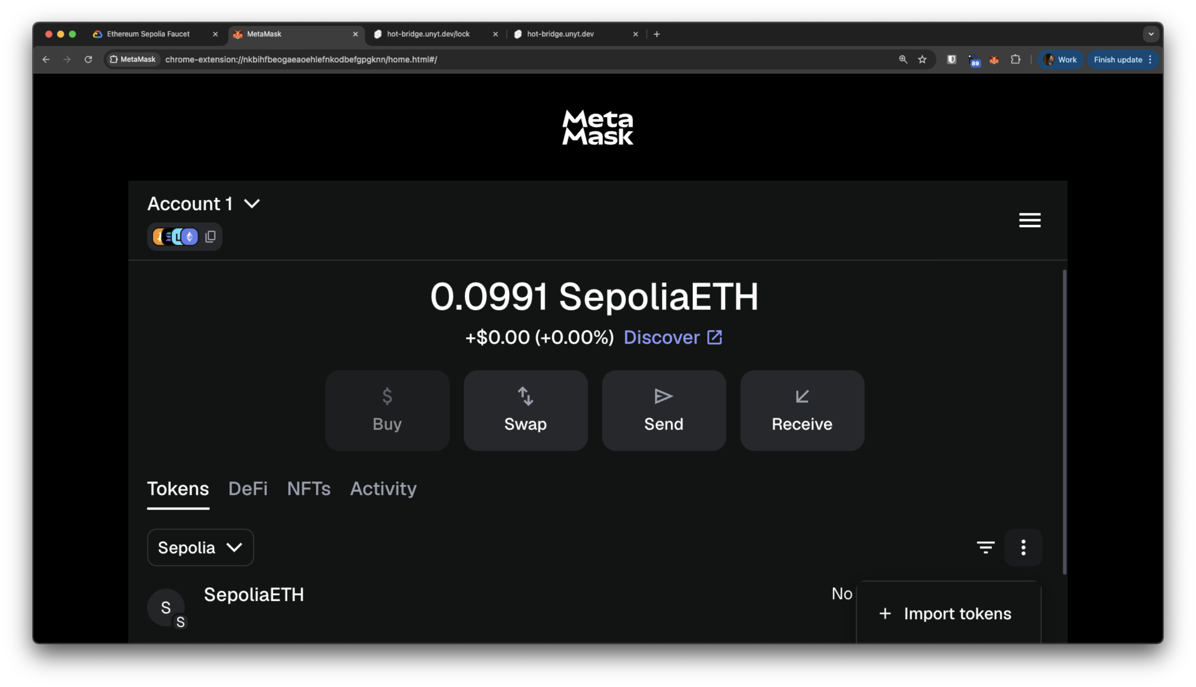 MetaMask import tokens menu