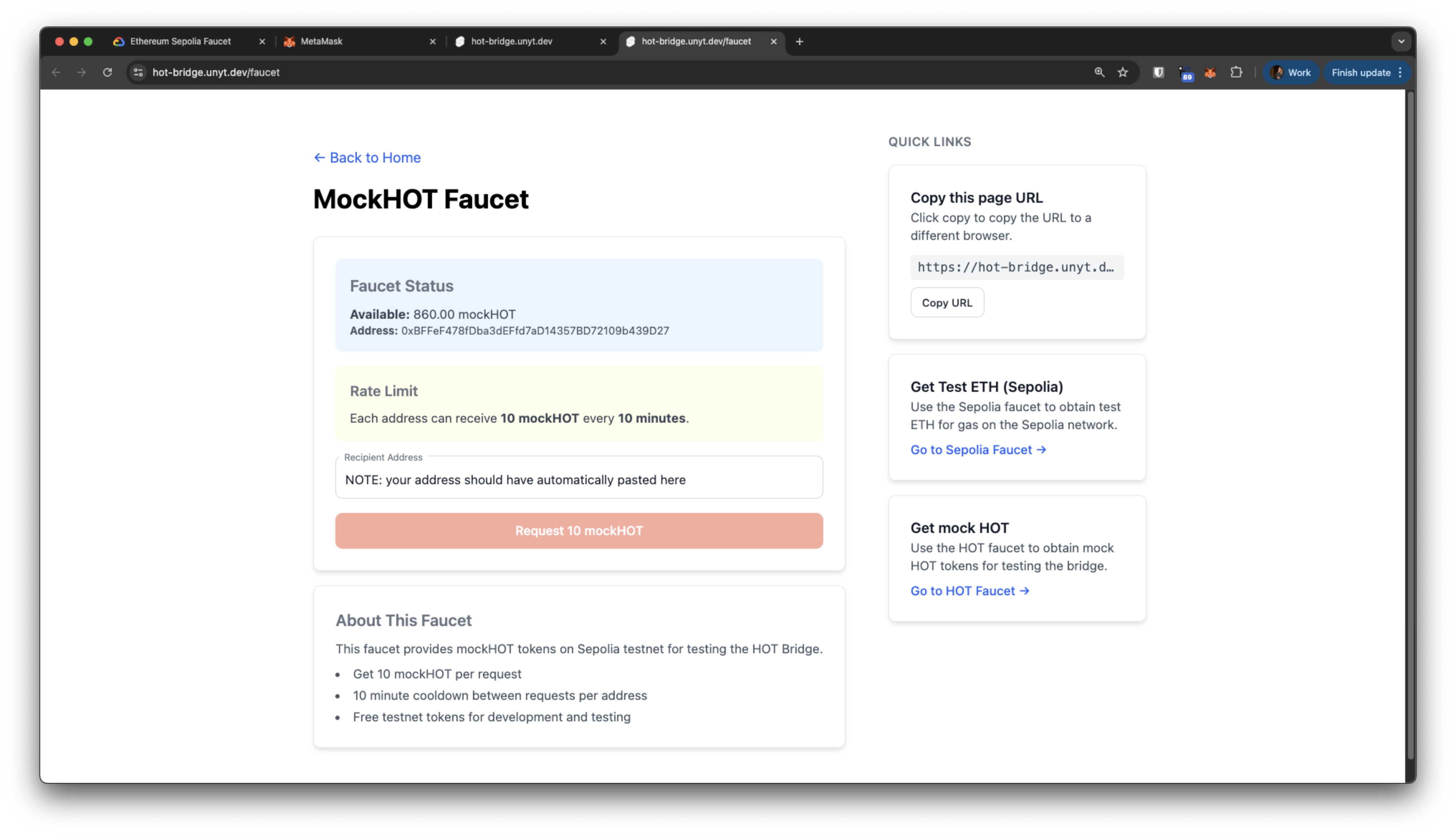 Mock HOT faucet with address auto-filled